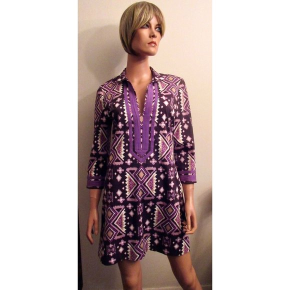 TORY BURCH 4 Stretch Cotton Caftan Dress Ikat Boho Purple Tribal Print Superb! - Picture 3 of 11